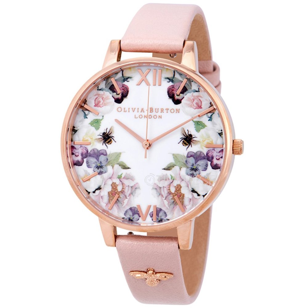 OLIVIA BURTON Rose Gold Floral & Bee Dial Pink Leather Strap Watch